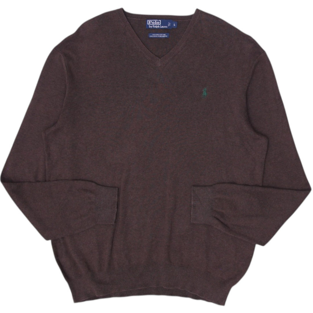 Vintage Mens Ralph Lauren Brown V-Neck Cotton Sweater Size L | Migration_Knitwear & Sweaters | Fashion Rerun