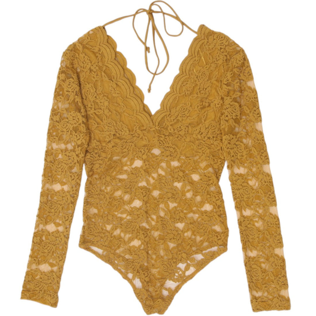 Y2K Ladies Sheer Floral Lace V-Neck Bodysuit Size M
