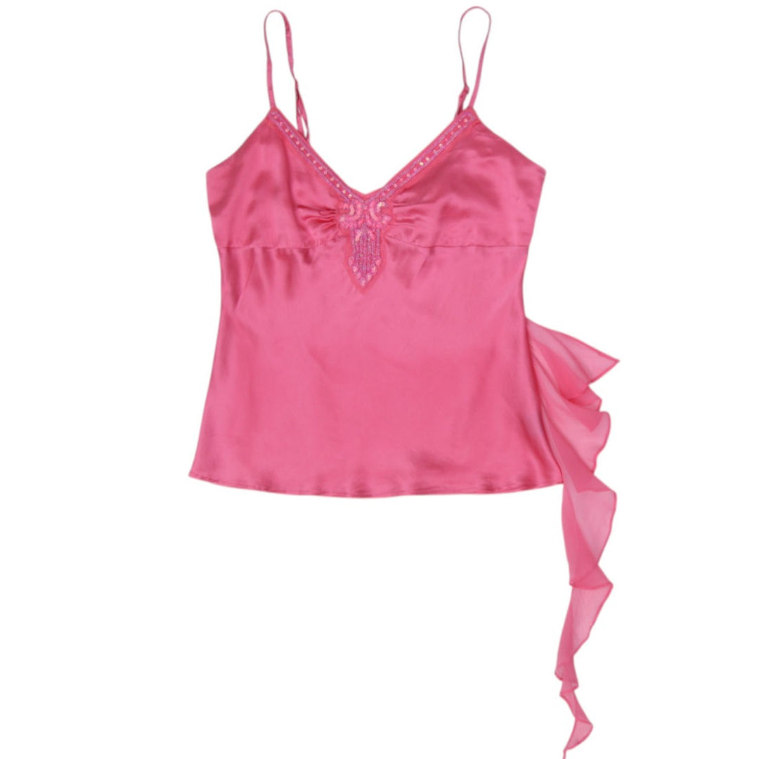Y2K Ladies Arden B. 100% Silk Beaded Cami Top with Asymmetric Side Ruffle Pink L