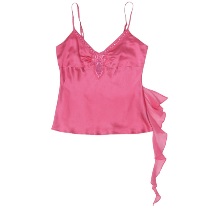 Y2K Ladies Arden B. 100% Silk Beaded Cami Top with Asymmetric Side Ruffle Pink L
