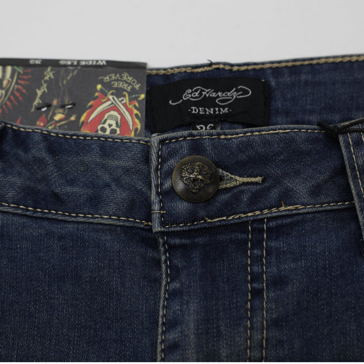 Y2K Mens Ed Hardy Embroidered Wide-Leg Jeans "Brave Hearts Stay True" Size 32