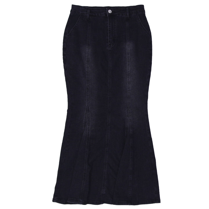 Ladies Long Panelled Flared Denim Skirt