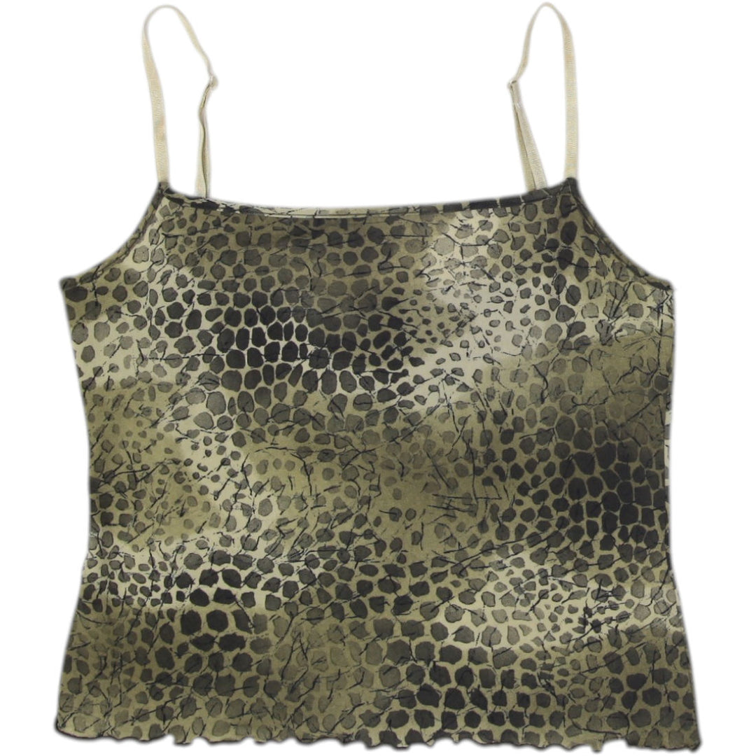 Y2K Ladies Olive Green Animal Print Camisole Lettuce Hem Spaghetti Strap Top