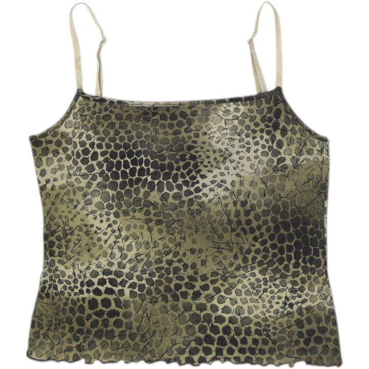 Y2K Ladies Olive Green Animal Print Camisole Lettuce Hem Spaghetti Strap Top