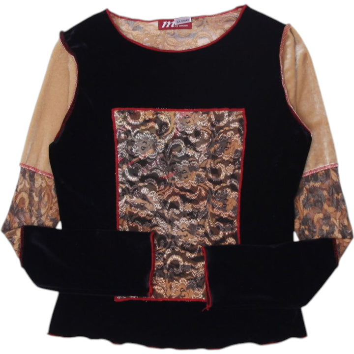 Y2K Ladies Blouse Black Gold Velvet Pattern Long Sleeve Top | Migration_Y2K Tops | Fashion Rerun