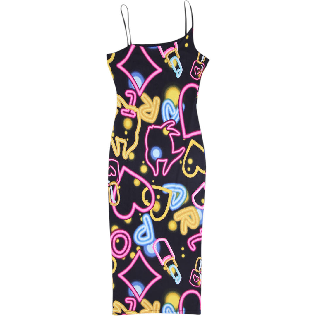 Y2K Ladies Magia Neon Sign Glow Graphic Bodycon Midi Dress Size M