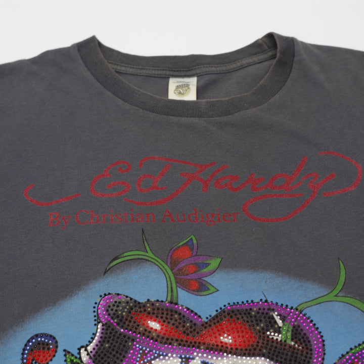 Y2K Mens Ed Hardy Skulls T-Shirt Gray Graphic Tattoo Design
