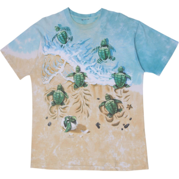 Vintage 90s Liquid Blue Sea Turtle Beach Tie Dye All Over Print Beach Scene T-Shirt Single Stitch