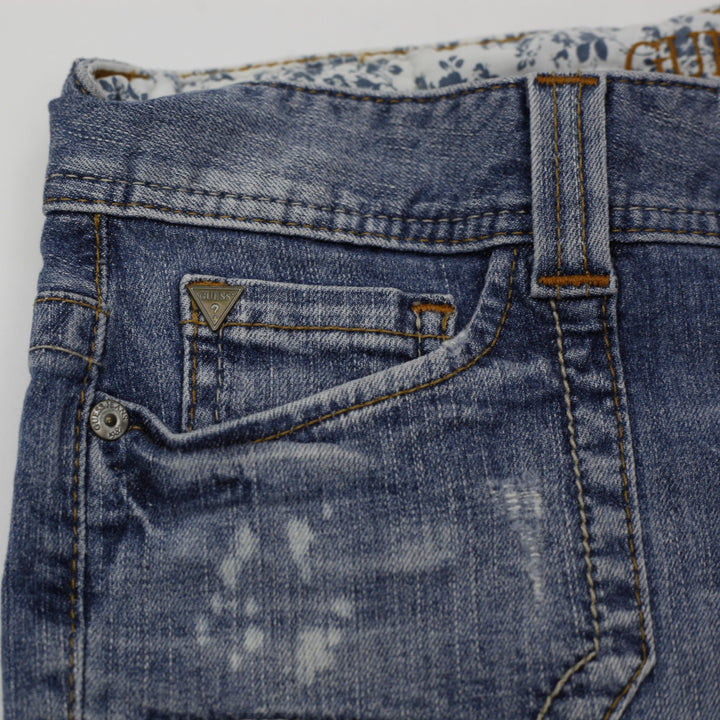 Ladies Guess Denim Shorts Washed Blue Distressed Style