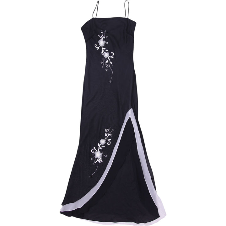 Y2K Ladies Long Black Floral Maxi Dress Mesh Spaghetti Strap