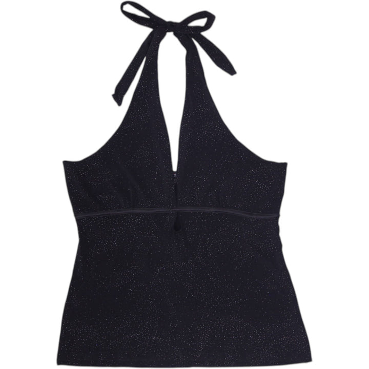 Y2K Ladies Le Chateau Halter Top Black Glitter Shimmer Size L