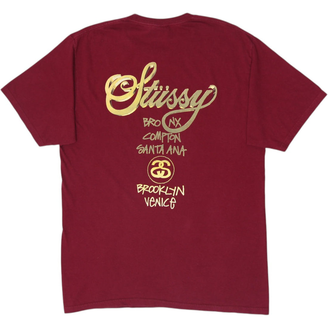 Mens Stussy T-Shirt Maroon Gold Graphic Logo Size L