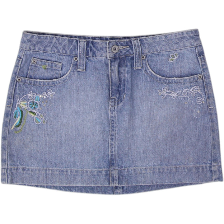 Y2K Ladies Blue Embroidered Floral Denim Mini Skirt Size 26 | Migration_Skirts | Fashion Rerun