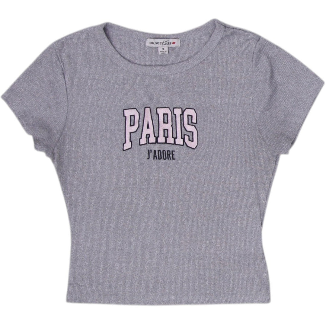 Y2K Ladies Orange Kiss Crop Top Gray Graphic Paris Text Size S