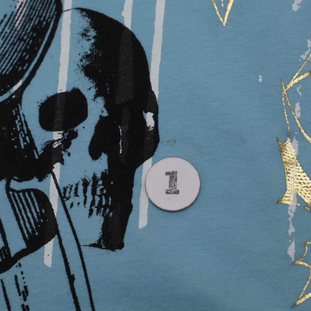 Y2K Mens Graphic T-Shirt All Over Print Angel Skull Roses Foil Cyan Black Size L