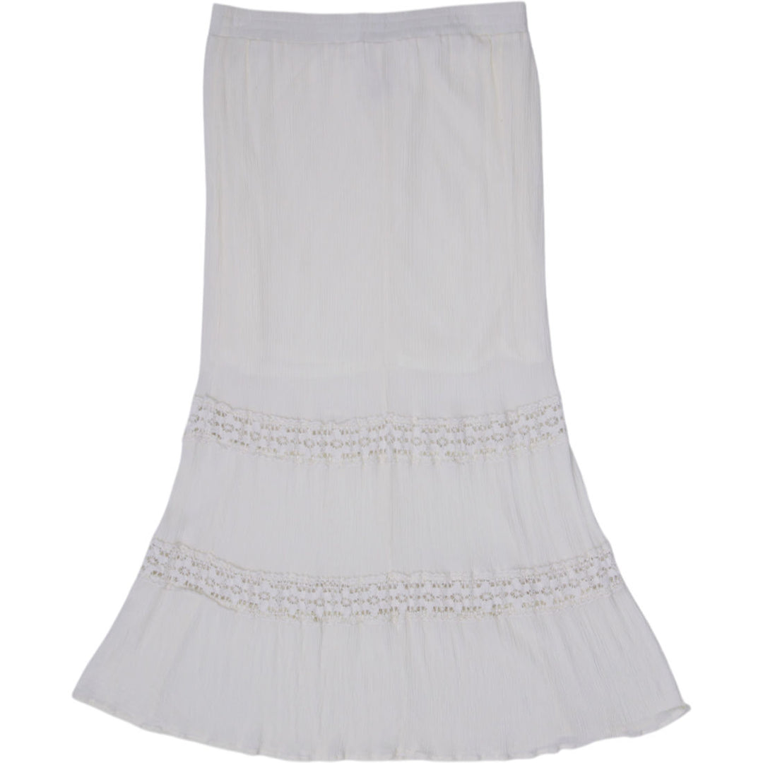 Y2K Ladies Faded Glory Boho Off White Ivory Lace Trim Tiered Maxi Skirt L 12-14