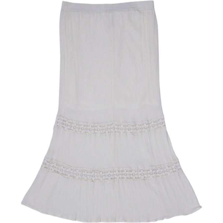 Y2K Ladies Faded Glory Boho Off White Ivory Lace Trim Tiered Maxi Skirt L 12-14