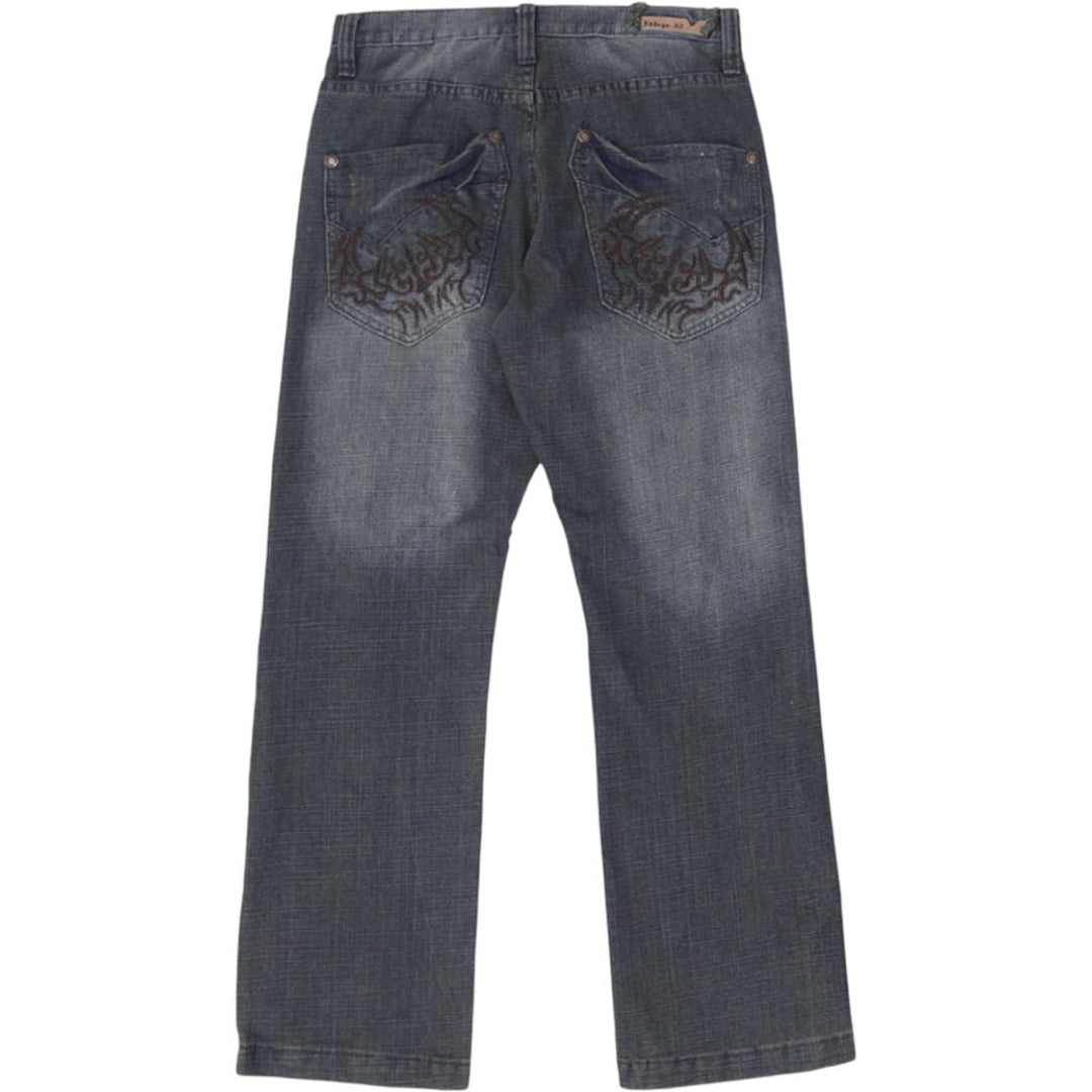 Y2K Mens Indigo 30 Jeans Washed Blue Embroidered Denim