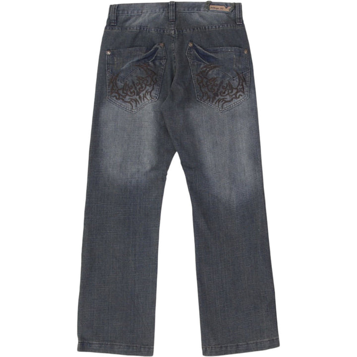 Y2K Mens Indigo 30 Jeans Washed Blue Embroidered Denim