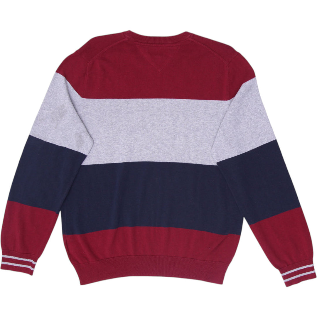 Mens Tommy Hilfiger Sweater Maroon Navy Colorblock Logo Crewneck Size L