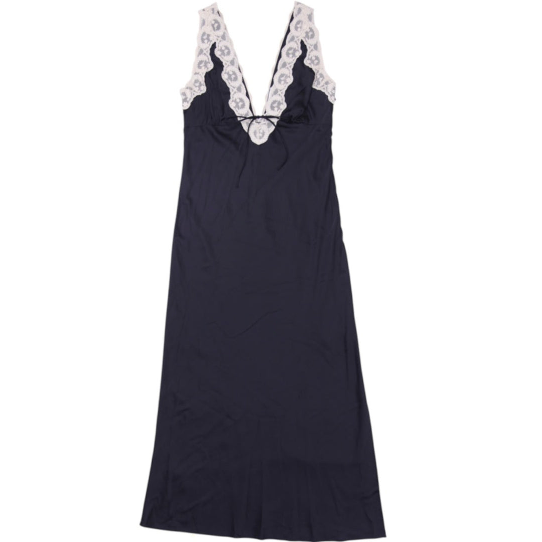 Y2K Ladies Abercrombie & Fitch Black Slip Midi Dress Cream Lace Trim V-Neck M