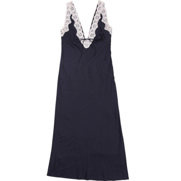 Y2K Ladies Abercrombie & Fitch Black Slip Midi Dress Cream Lace Trim V-Neck M