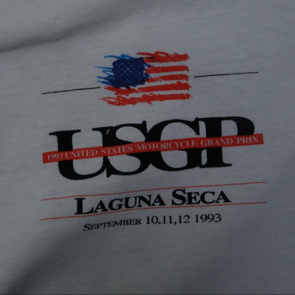 Vintage Mens Oneita USGP T-Shirt White Graphic 1993 Motorcycle | Migration_T-Shirts - Detail View | Fashion Rerun
