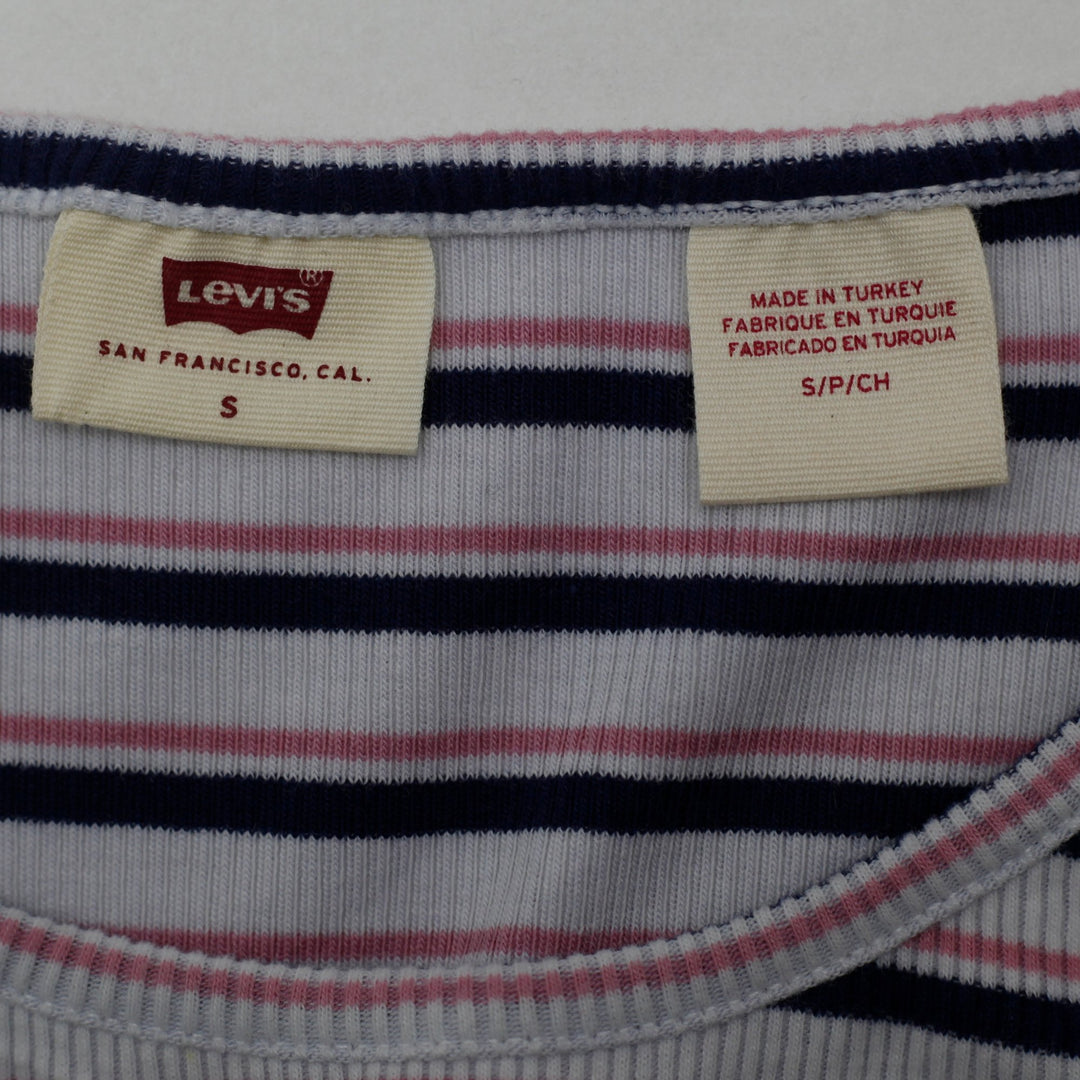 Y2K Ladies Levi’s Pink & Navy Striped Ribbed Knit Short Sleeve T-Shirt Size S