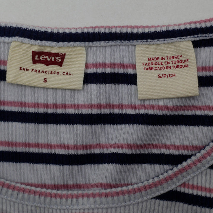 Y2K Ladies Levi’s Pink & Navy Striped Ribbed Knit Short Sleeve T-Shirt Size S