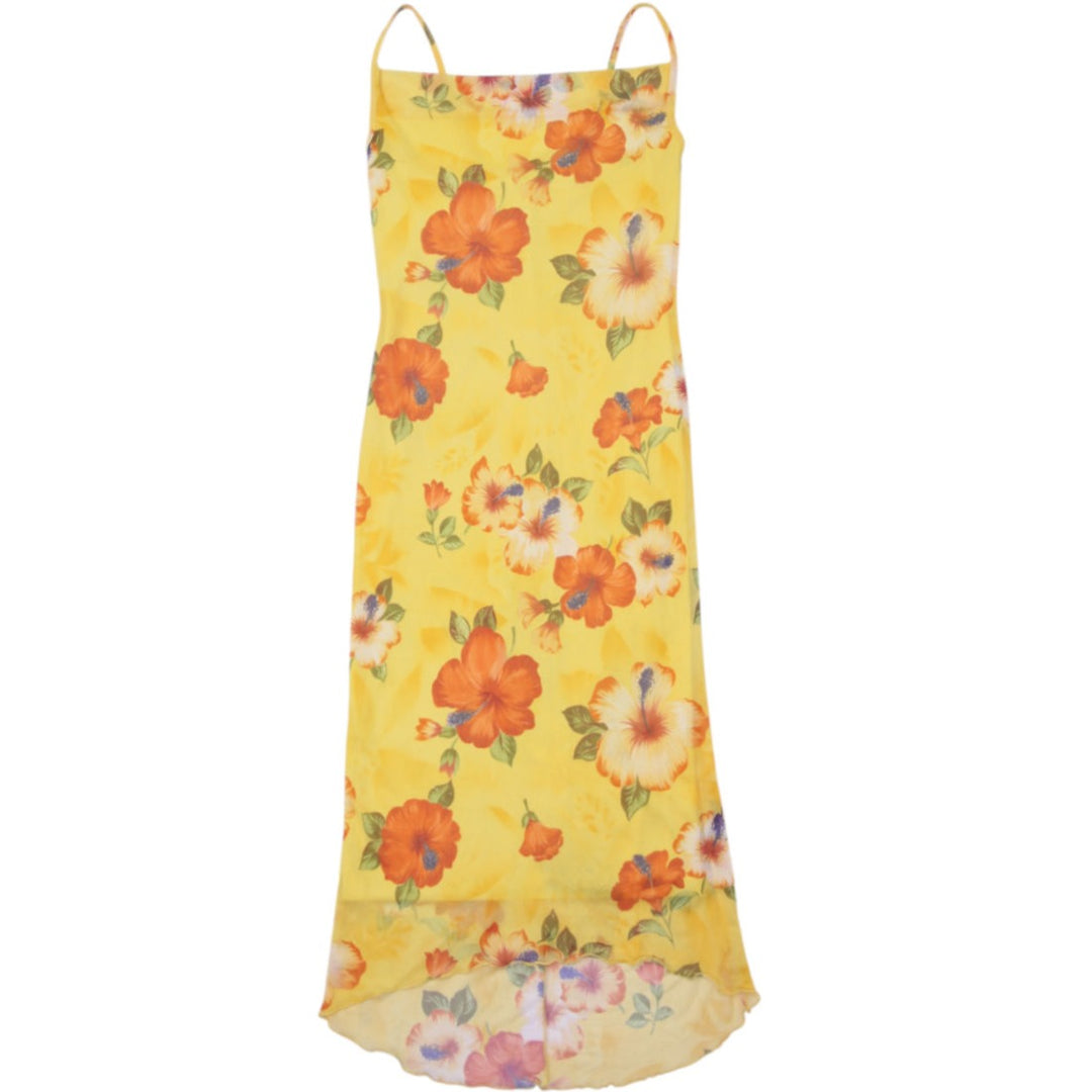 Y2K Ladies Suzy Shier Suzy Shier Tropical Hibiscus Mesh Overlay Dress Yellow S