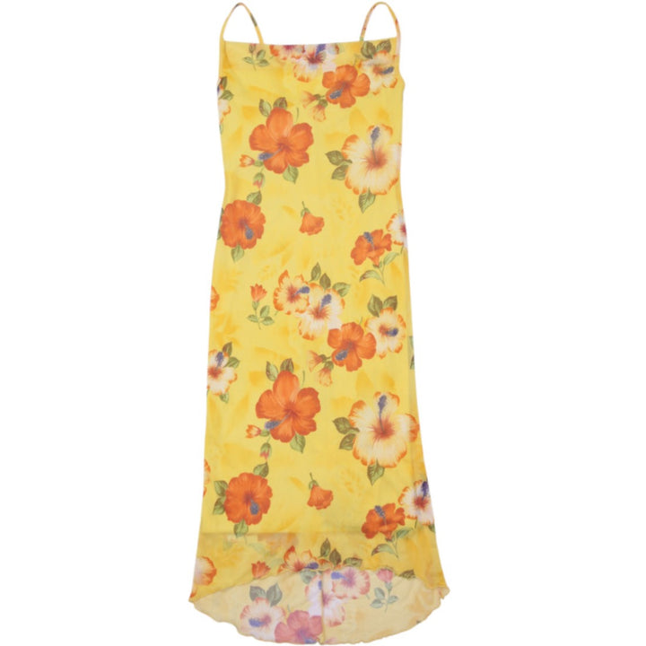 Y2K Ladies Suzy Shier Suzy Shier Tropical Hibiscus Mesh Overlay Dress Yellow S