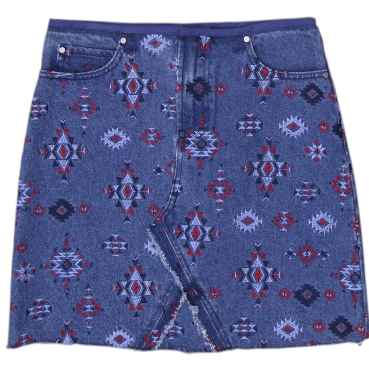 Y2K Ladies Aztec Pattern Distressed Hem Blue Denim Skirt Size L | Migration_Skirts | Fashion Rerun