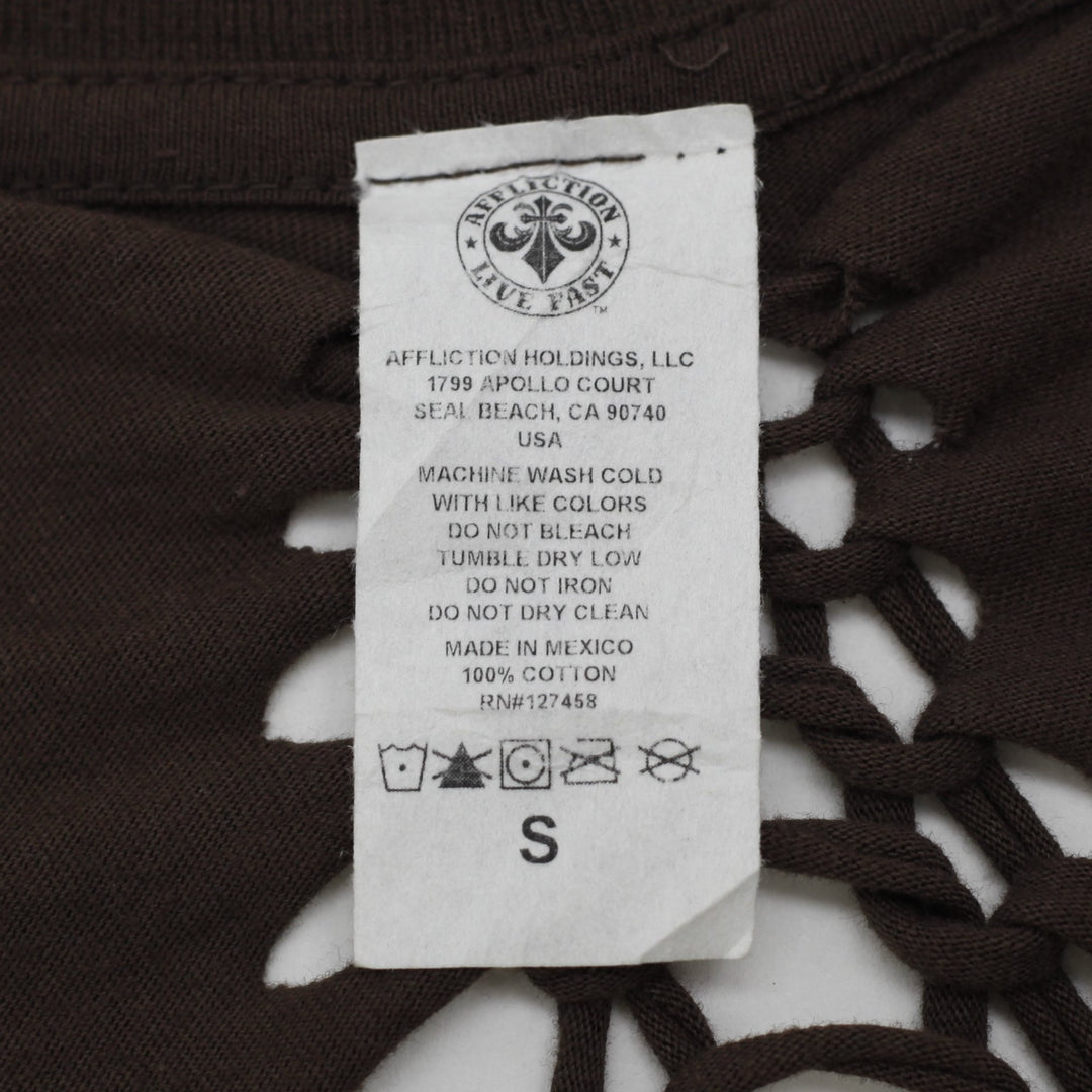 Y2K Ladies Affliction Distressed Graphic Tee Brown Lava Wash Braided Spine Back