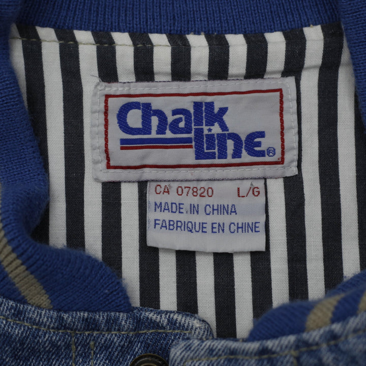 Vintage Mens Chalk Line Varsity Jacket Blue NHL Hockey Patch Denim Size L | Migration_Jackets - Back View | Fashion Rerun