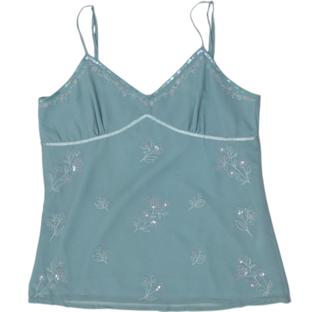 Y2K Ladies Reitmans Sequin Embroidered Tie Back Sage Green Top Size L