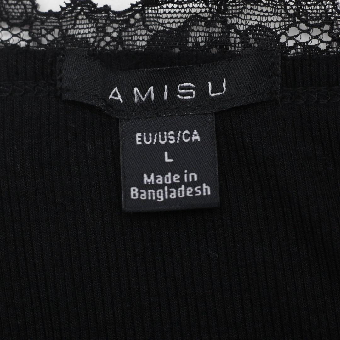 Y2K Ladies Amisu Black Ribbed Cami Top Lace Trim Spaghetti Strap Lettuce Hem L