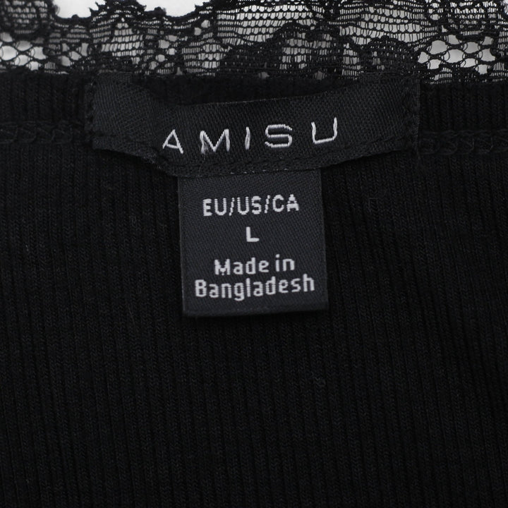 Y2K Ladies Amisu Black Ribbed Cami Top Lace Trim Spaghetti Strap Lettuce Hem L