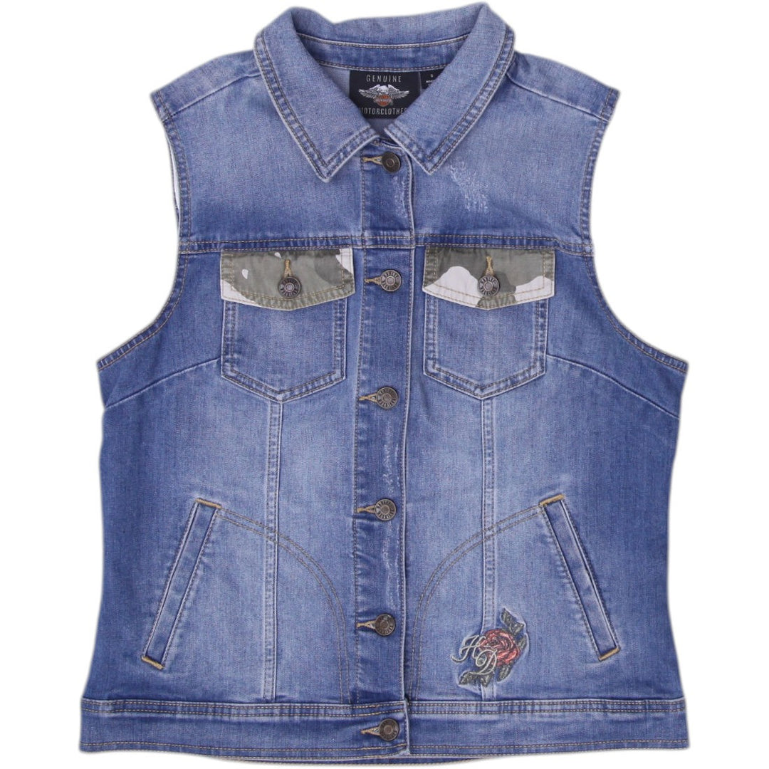 Ladies Harley Davidson Camo Embroidered Graphic Blue Denim Vest Size S | Migration_Vests | Fashion Rerun