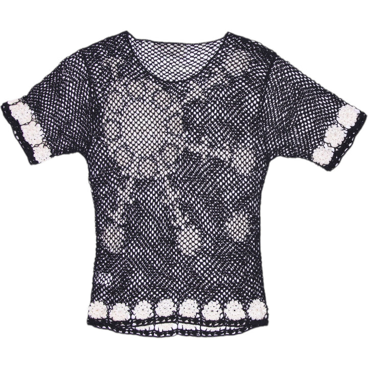 Y2K Ladies Kaleidoscope Crochet Top Black White Floral