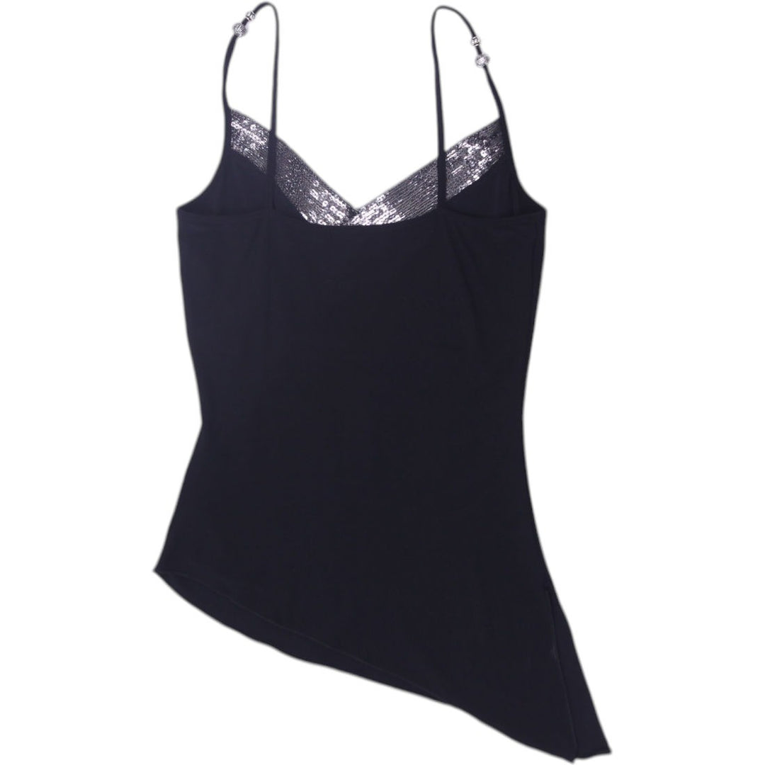 Y2K Ladies Black Silver Sequin Asymmetrical Hem Strappy Top | Migration_Y2K Tops - Side View | Fashion Rerun