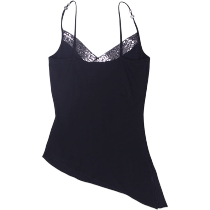 Y2K Ladies Black Silver Sequin Asymmetrical Hem Strappy Top | Migration_Y2K Tops - Side View | Fashion Rerun