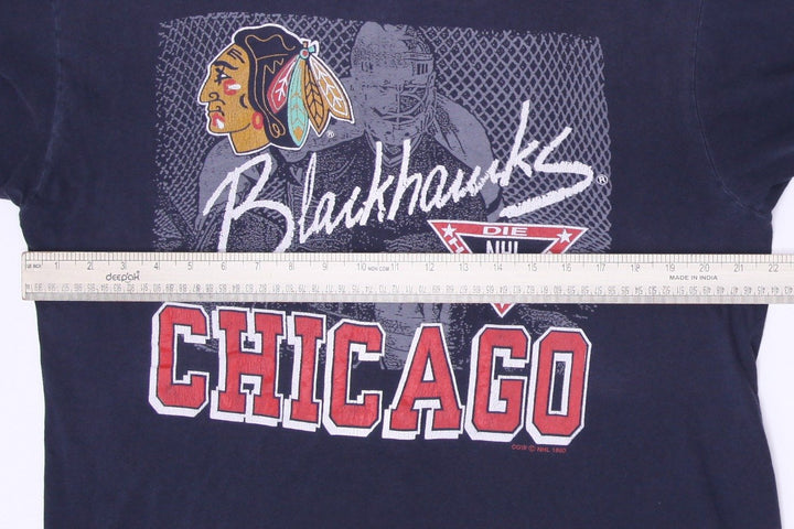 Vintage Mens Waves Blackhawks Chicago T-Shirt Navy Graphic NHL S.Stitch Size L