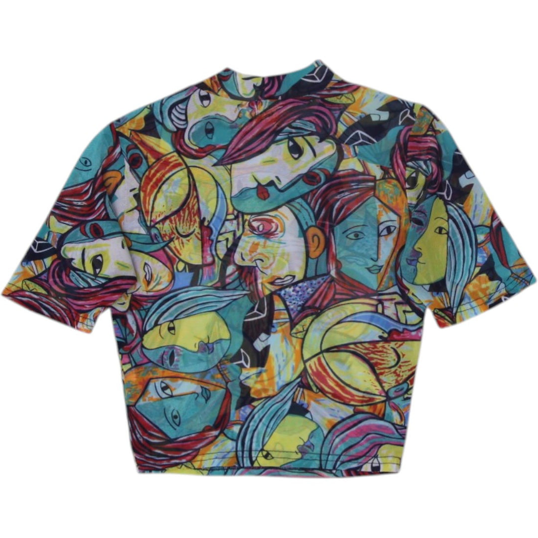 Y2K Ladies Graphic Top Multi Color Abstract Art Print | Migration_Y2K Tops - Side View | Fashion Rerun
