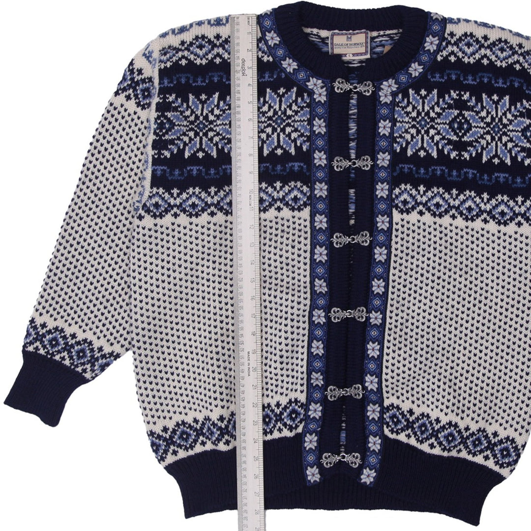 Vintage Mens Dale of Norway Cardigan Sweater Navy Blue Wool Nordic Pattern