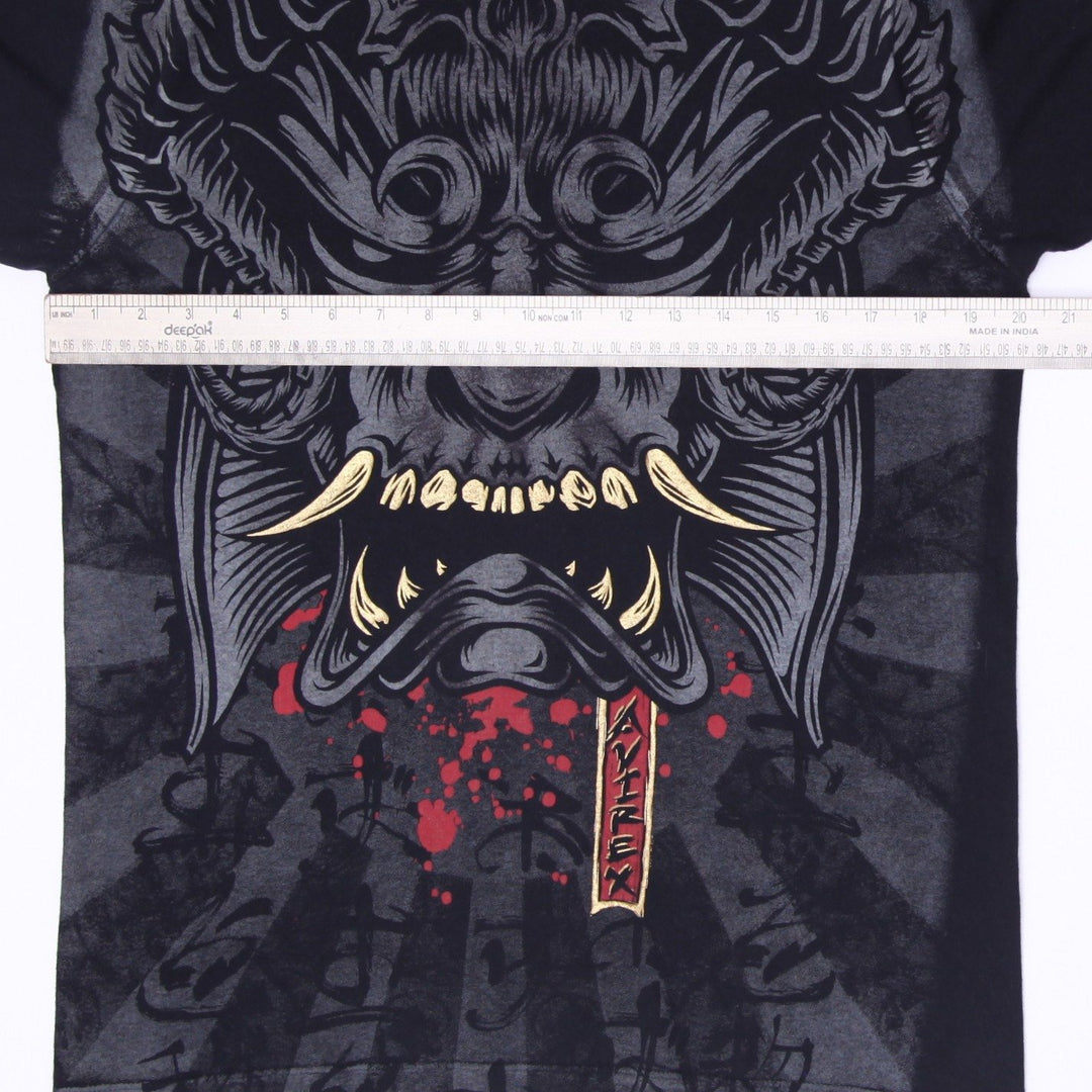 Y2K Mens Avirex Japanese Oni Mask Demon Graphic T-Shirt Black Size M