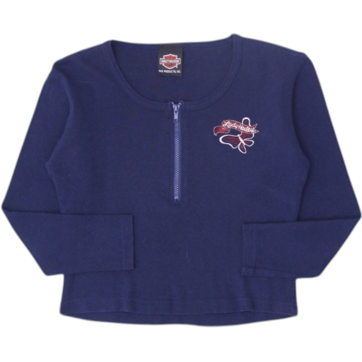 Y2K Ladies Lady Harley Embroidered Quarter Zip Crop Navy T-Shirt | Migration_Y2K Tops | Fashion Rerun