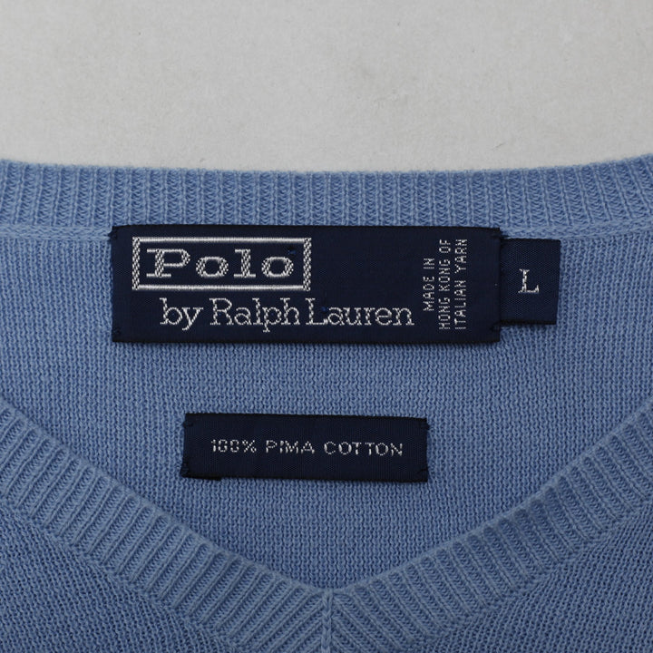 Vintage Mens Polo Ralph Lauren Sky Blue V-Neck Cotton Sweater Size L | Migration_Knitwear & Sweaters - Back V | Fashion Rerun