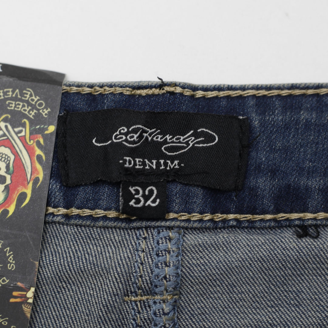 Y2K Mens Ed Hardy Embroidered Wide-Leg Jeans "Brave Hearts Stay True" Size 32