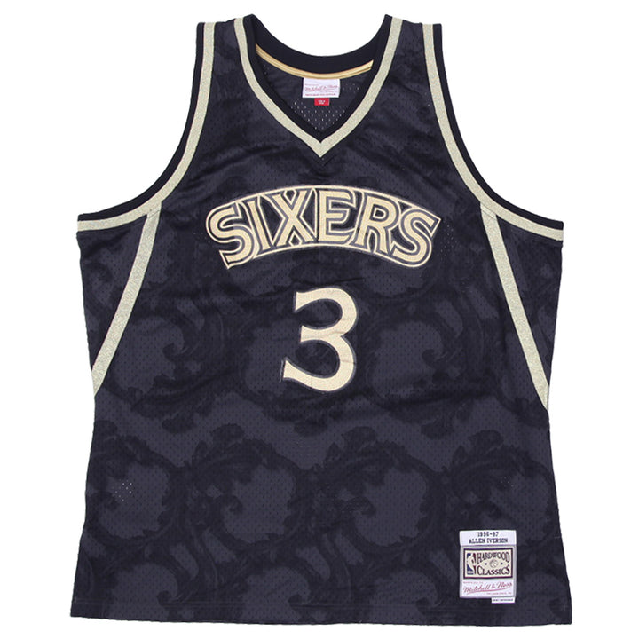 Mens Mitchell & Ness Allen Iverson Philadelphia 76ers Black Hardwood Classics Toile Swingman Jersey