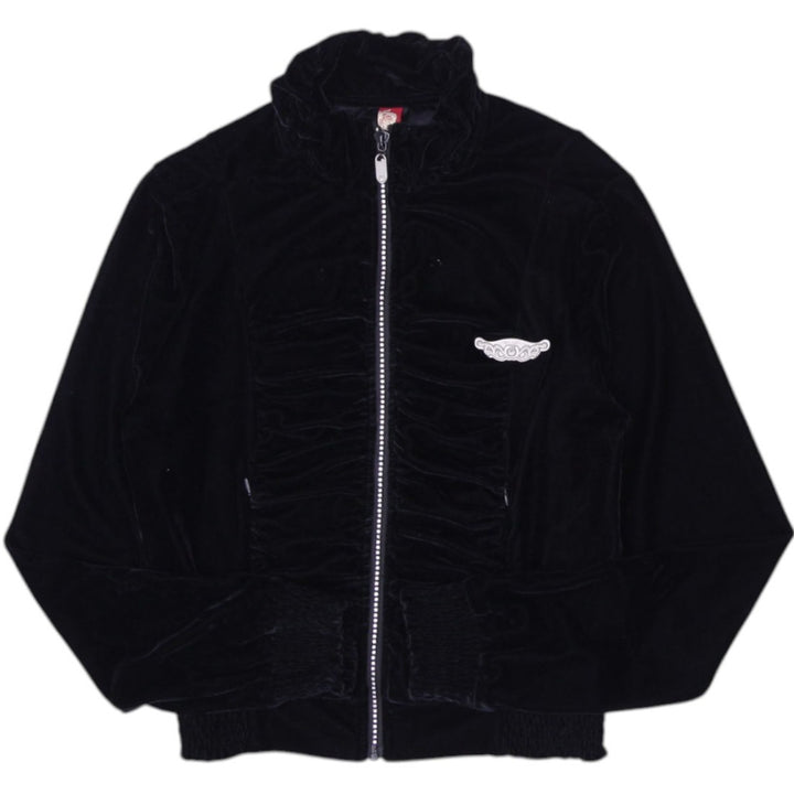Y2K Ladies Velour Zip Jacket Black Ruffled Detail Small
